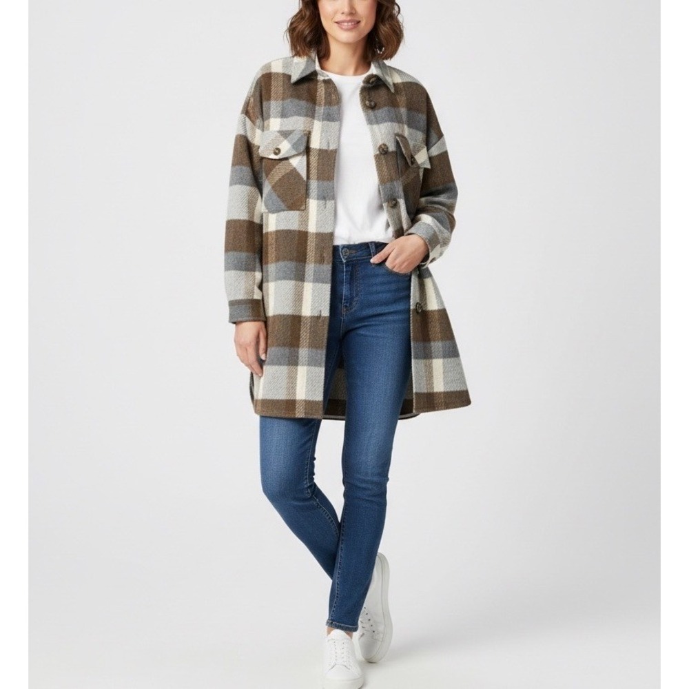 Evereve Womens Raye Plaid Wool Blend Brown Cream Shacket Jacket Small